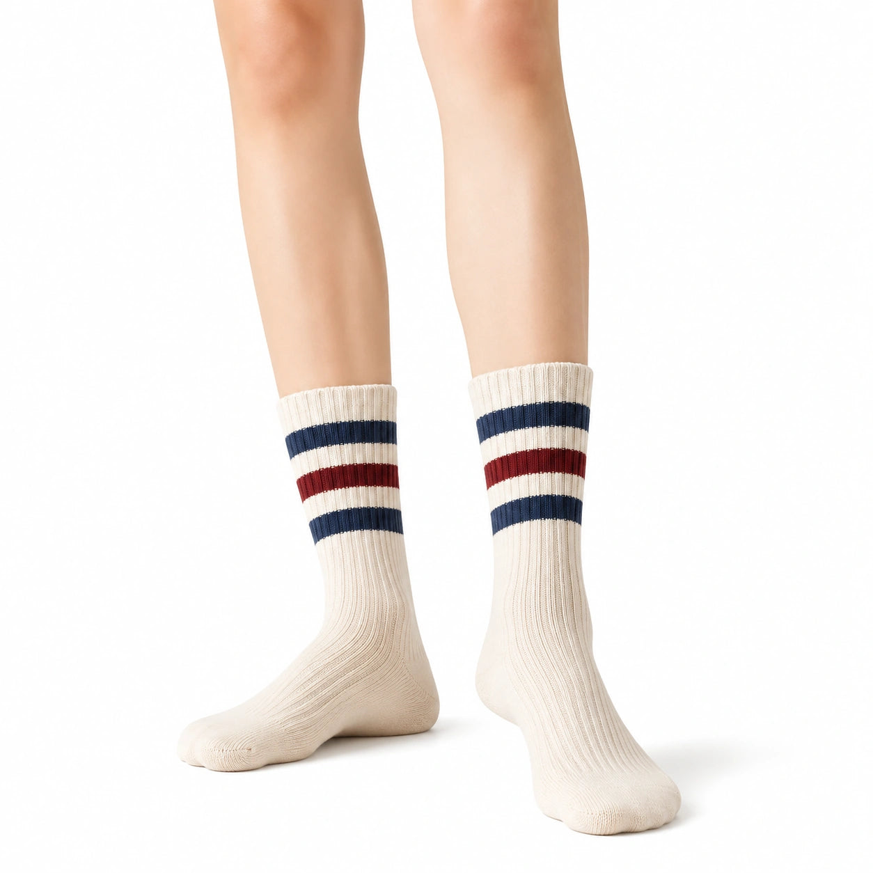Calcetines deportivos 43-46 de punto beige con rayas azul marino y rojo estilo retro