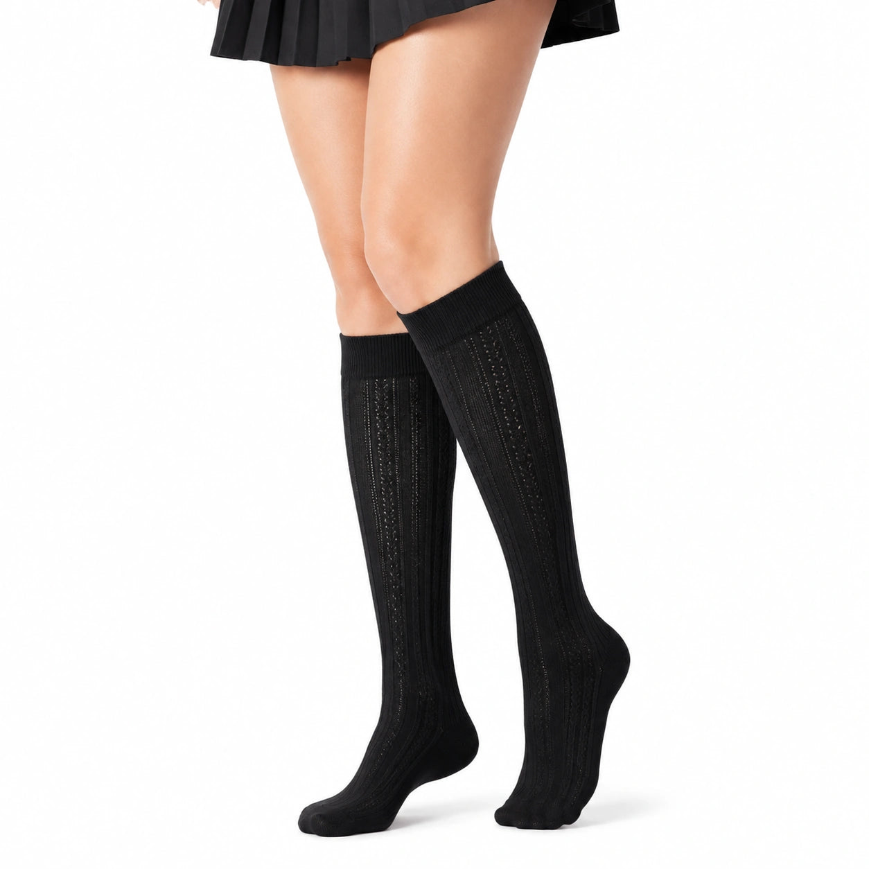 Calcetines altos 35-38 negros de punto elástico con textura calada
