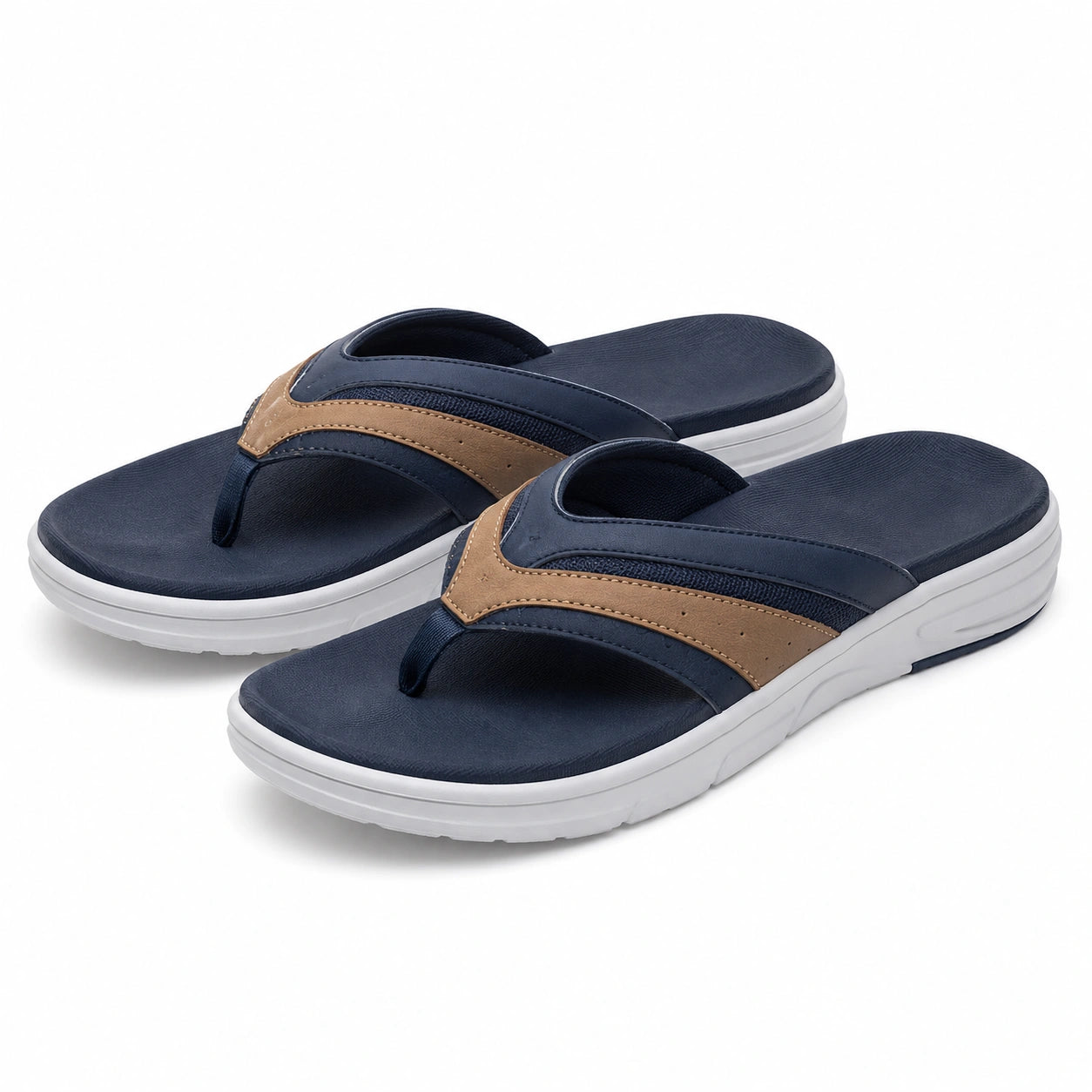 Chanclas talla 40/41 de material sintético azul marino y beige con suela blanca para uso casual