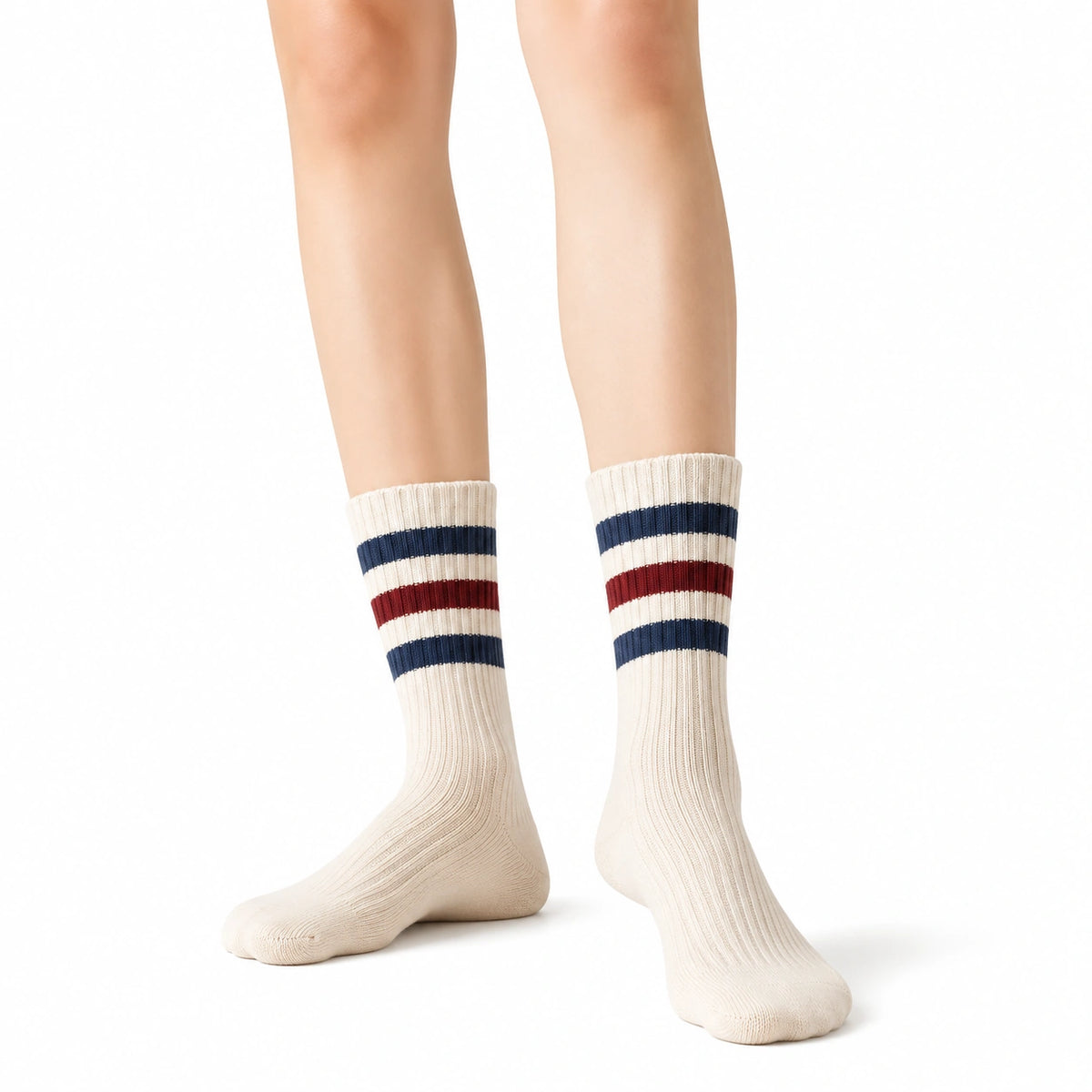 Calcetines deportivos 43-46 de punto beige con rayas azul marino y rojo estilo retro