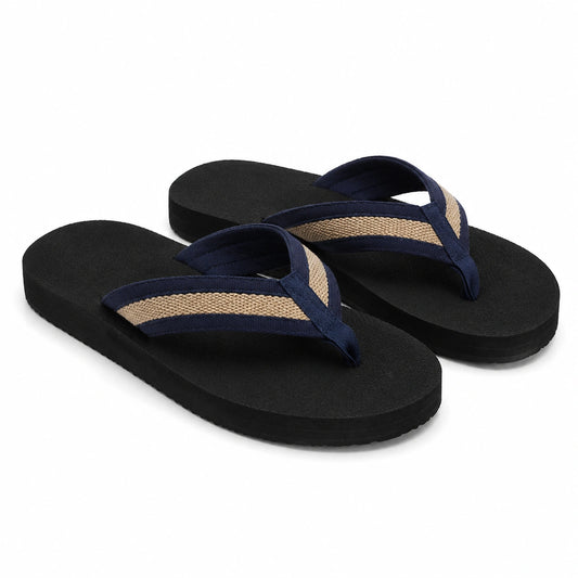 Chanclas 36/37 negras con tiras textiles azul marino y beige - estilo casual