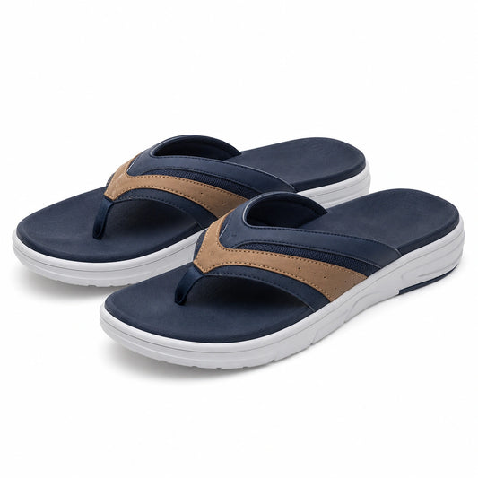 Chanclas talla 40/41 de material sintético azul marino y beige con suela blanca para uso casual