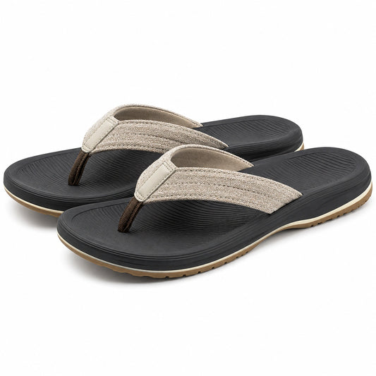 Chanclas 40/41 negras y beige con tiras textiles y suela antideslizante