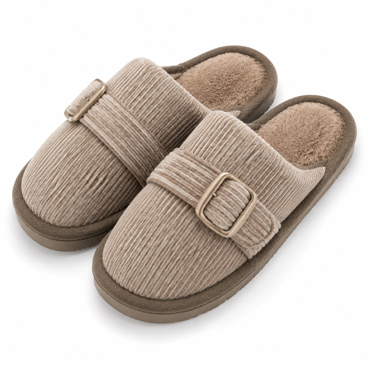 Zapatillas de casa talla 40/41 de tejido acanalado beige con hebilla y forro suave
